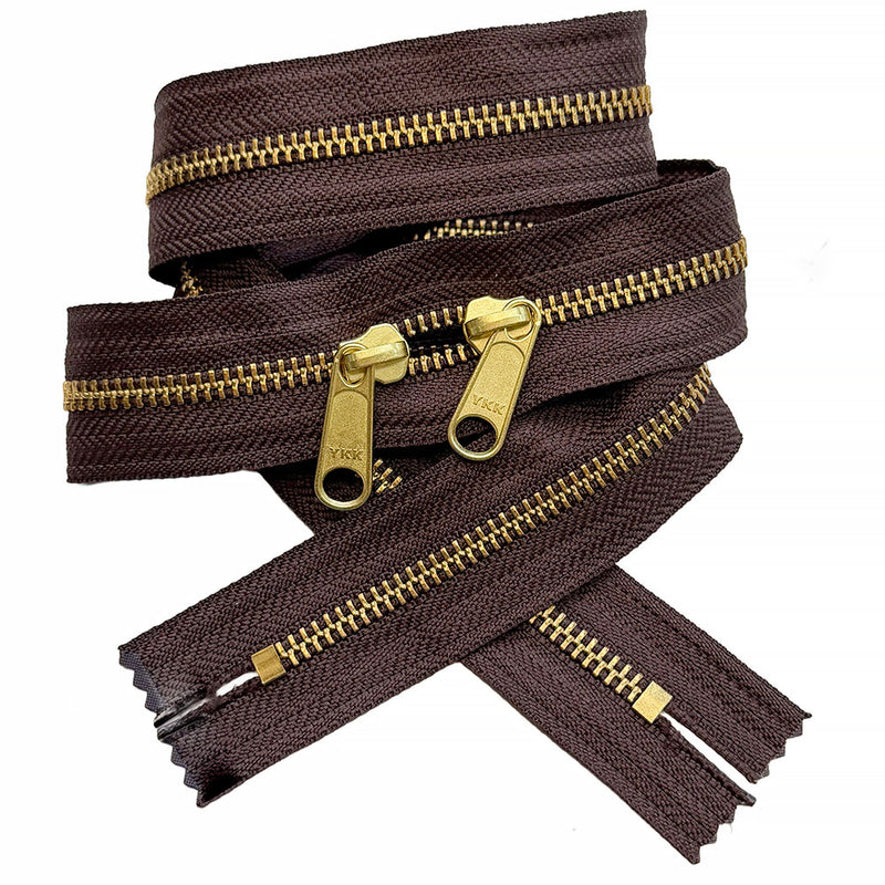 YKK #5  Brass Closed Top / Closed Bottom with Two Non Locking Long Pull Sliders meeting in the middle head-to-head.