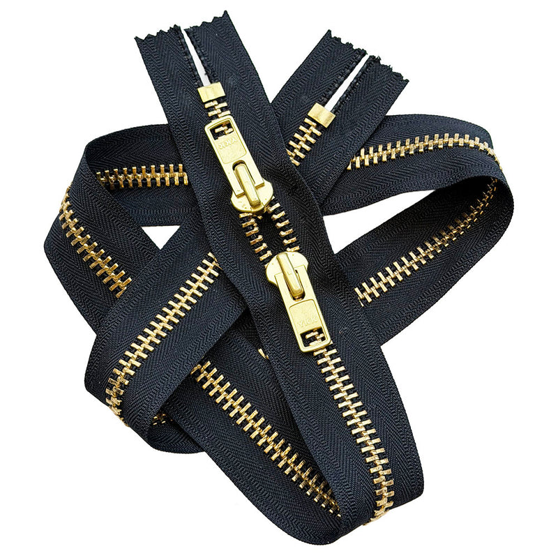 YKK® #10 Brass - Closed Top / Closed Bottom / Two Auto Lock sliders head-to-head.