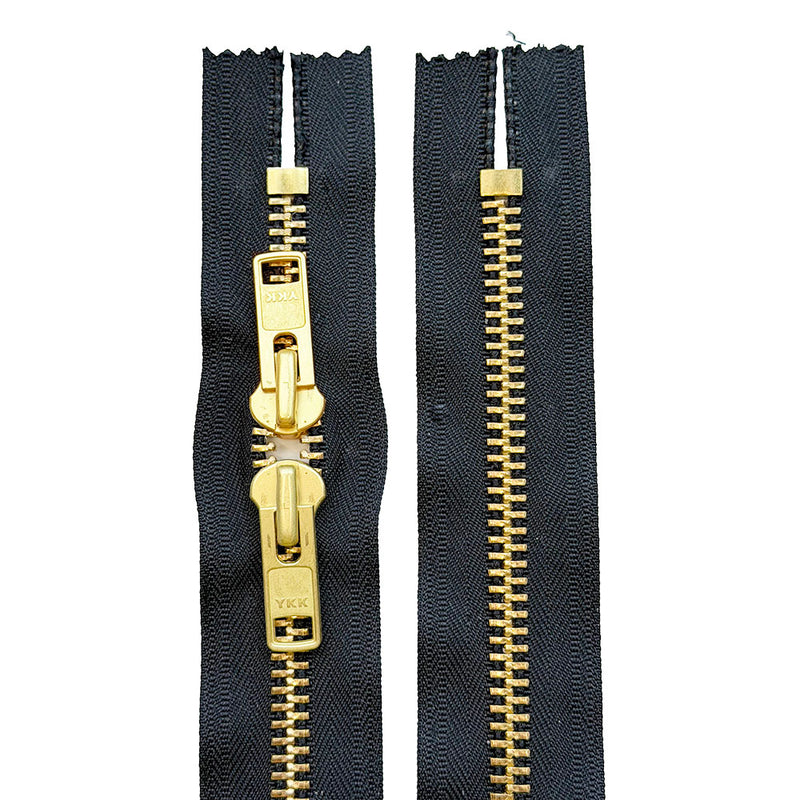YKK® #10 Brass - Closed Top / Closed Bottom / Two Auto Lock sliders head-to-head.