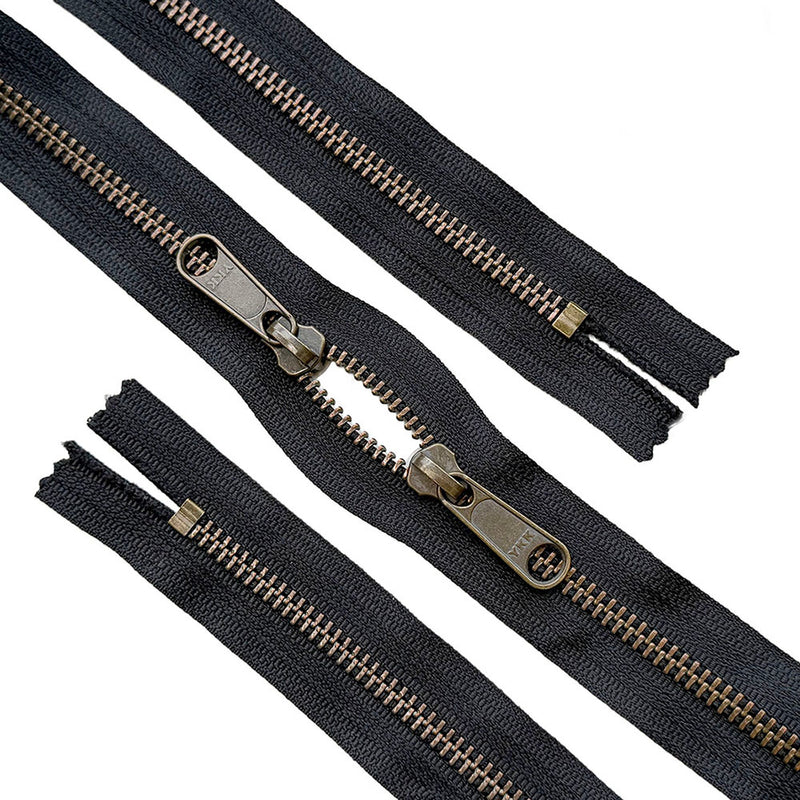 YKK #5 Antique Brass Closed Top / Closed Bottom with Two Non Locking Long Pull Sliders meeting in the middle head-to-head. Black Tape only.