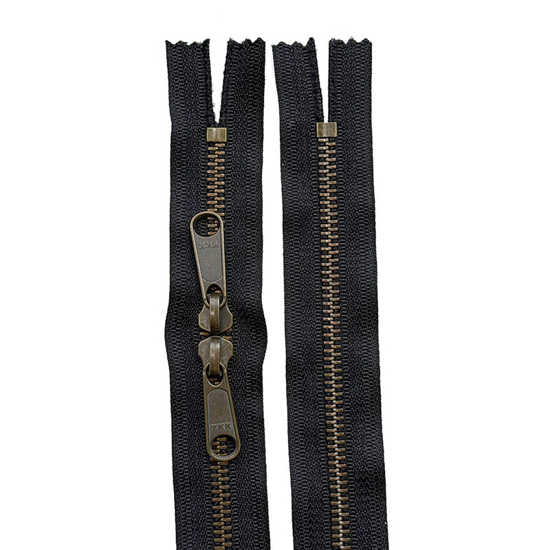 YKK #5 Antique Brass Closed Top / Closed Bottom with Two Non Locking Long Pull Sliders meeting in the middle head-to-head. Black Tape only.