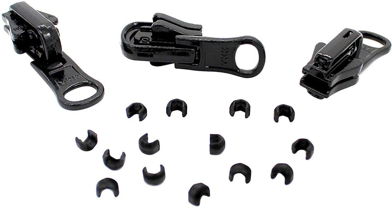 Zipper Repair Kit - #5 YKK Vislon Reversible Sliders - 3 Sliders + 14 Top Stops - Made in The United States - Color: Black