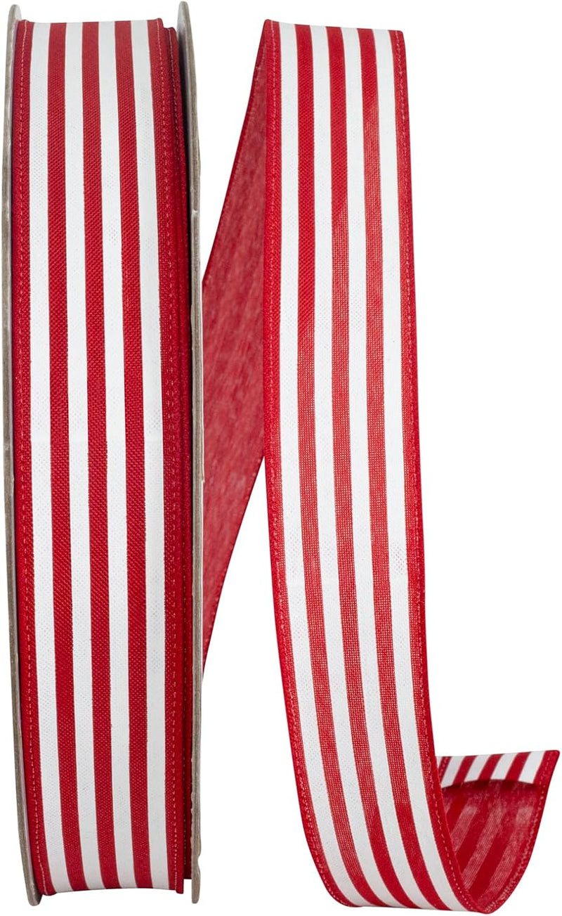 Reliant Ribbon Striped Linen Value Wired Edge, Red/White, 1-1/2 Inch, 50 Yards