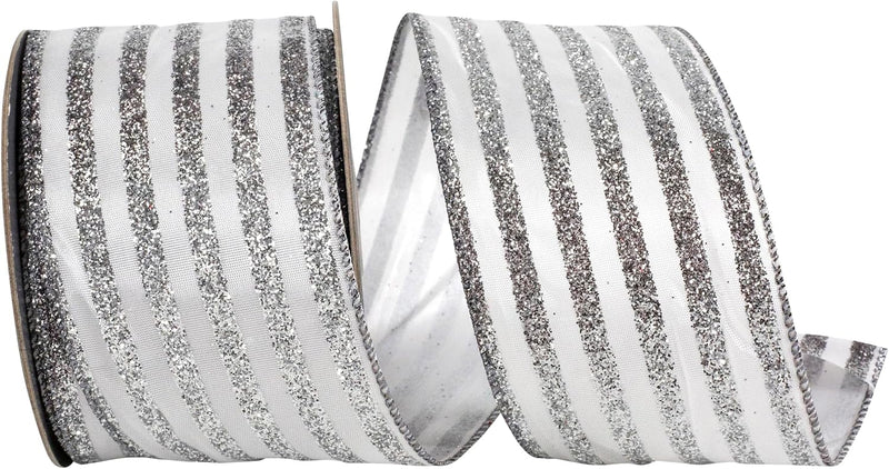 Reliant Ribbon Vertical Glitter Bling Stripes Wired Edge, White/Silver, 2-1/2 Inch, 10 Yards