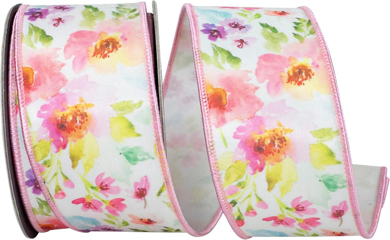 Reliant Ribbon Watercolor Flowers Deluxe Fused Wired Edge Ribbon, White/Pink