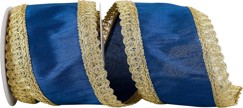Reliant Ribbon 93727W-053-10D Regal Trim Edge Dupioni Wired Edge Ribbon, 4 Inch X 5 Yards, Blue
