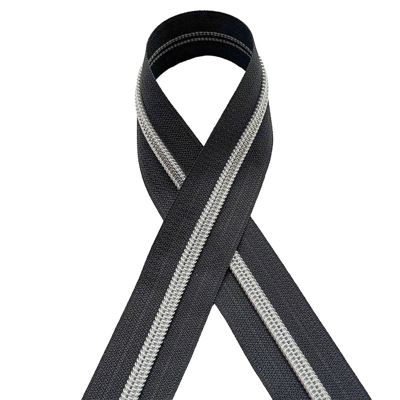 #5 Metallic Silver Coil Chain in Black with 3 Non-Locking Long Pull Sliders in Silver. Free Shipping Included.