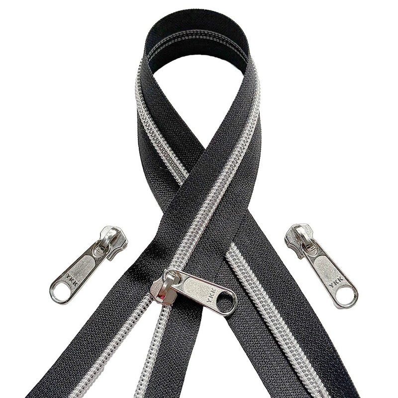 #5 Metallic Silver Coil Chain in Black with 3 Non-Locking Long Pull Sliders in Silver. Free Shipping Included.