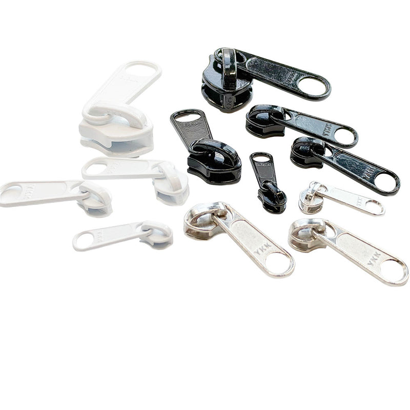 Zipper Repair Kit for Luggage, Backpacks, Bags, Tents, Cushions - Nylon Coil - #3, #4.5, #5 , #8 , #10 - Non-Locking Long Pull Sliders - 12 pc pack. Color: Black - White - Silver
