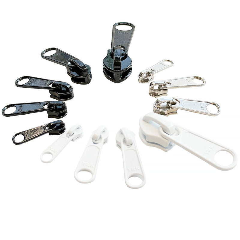 Zipper Repair Kit for Luggage, Backpacks, Bags, Tents, Cushions - Nylon Coil - #3, #4.5, #5 , #8 , #10 - Non-Locking Long Pull Sliders - 12 pc pack. Color: Black - White - Silver