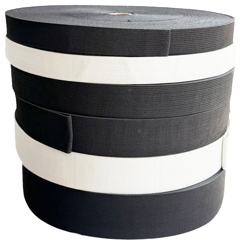 Two to One Stretch Elastic Waistband. Black or White. 1 full roll of 50 yards. Widths to choose from 1" 1/2" 2".  Free Shipping Included.