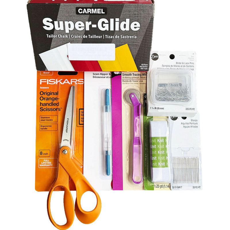 Tailor's Toolkit - Includes - Tailor Chalk, Scissors, Seam Ripper & Threader, Smooth Tracing Wheel, Bridal & Lace Pins, Elastic, Needles - All for $19.99