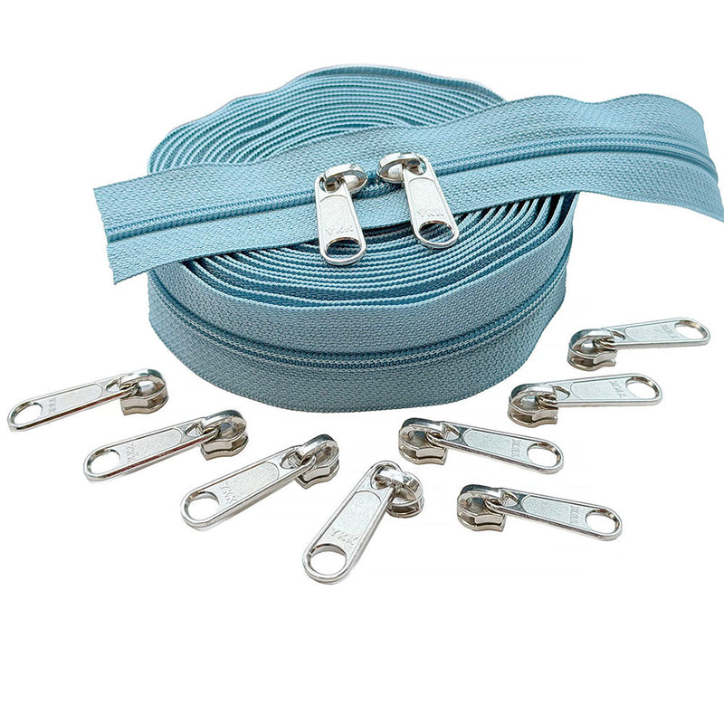 YKK #4.5 Continuous Nylon Coil Zipper Chain - Exotic Blue Color - 5 Yards & 10 Sliders. Locking or Non Locking Sliders.