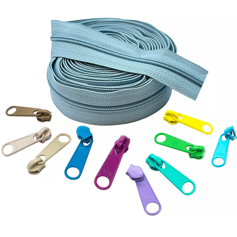 YKK #4.5 Continuous Nylon Coil Zipper Chain - Exotic Blue Color - 5 Yards & 10 Sliders. Locking or Non Locking Sliders.
