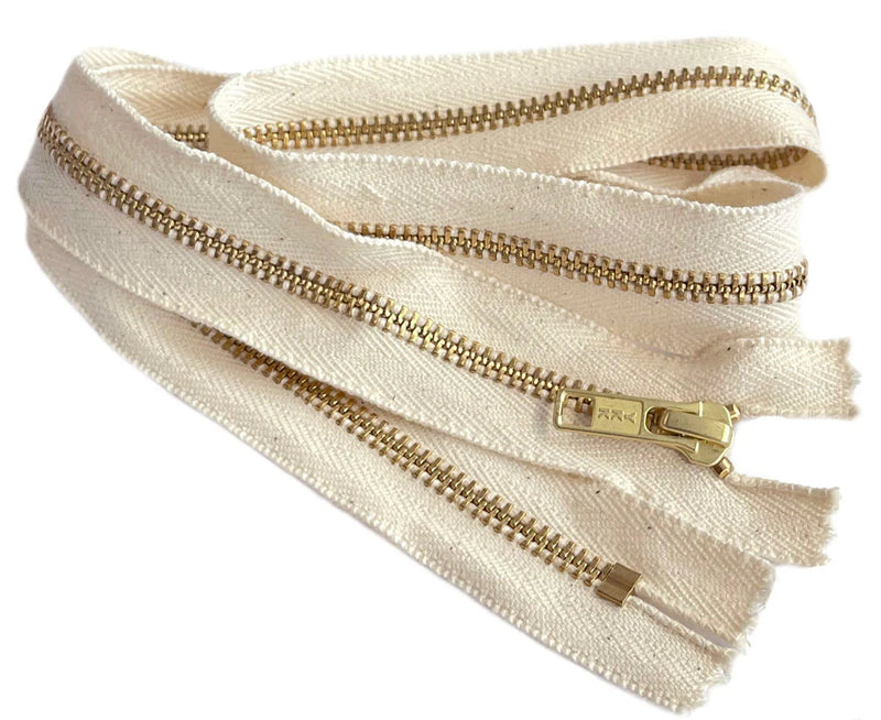 #5 Brass Closed Bottom Zippers  - Dyeable Tape (Corespun) - Natural Color Tape
